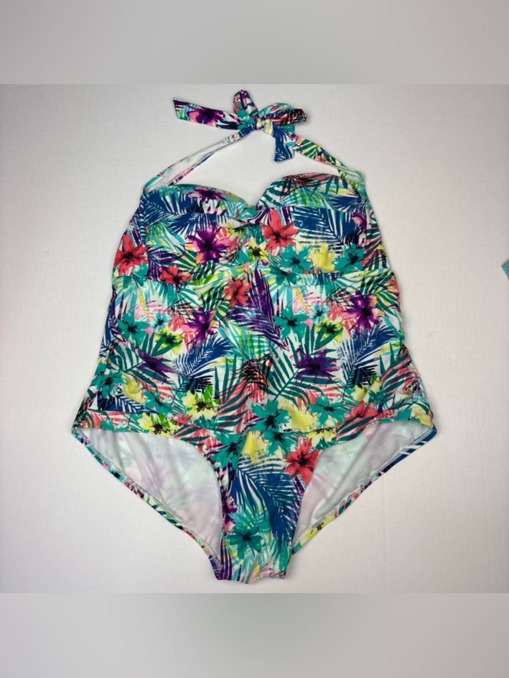Catalina Women 3X Swimsuit Tropical Palm Leaves Colorful One Piece Halter Beach